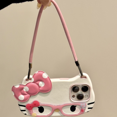 韩系ins创意蝴蝶结猫咪皮革手提包iphone16proma苹果15pro手机壳