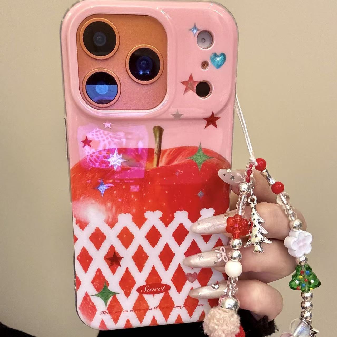 ins粉底鎏金星星白网袋苹果适用ihone17promax苹果16手机壳15新款