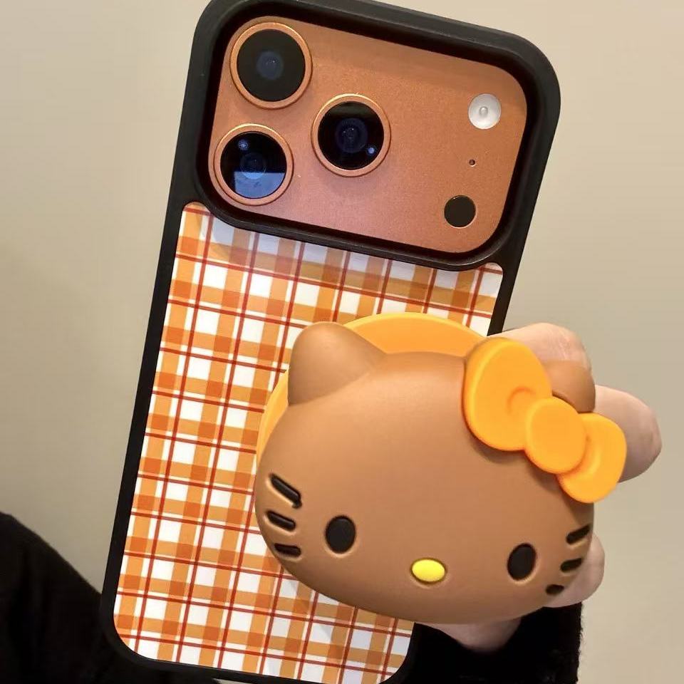 韩系橙红白格纹橙色蝴蝶结猫咪适用ihone17promax苹果16p手机壳15