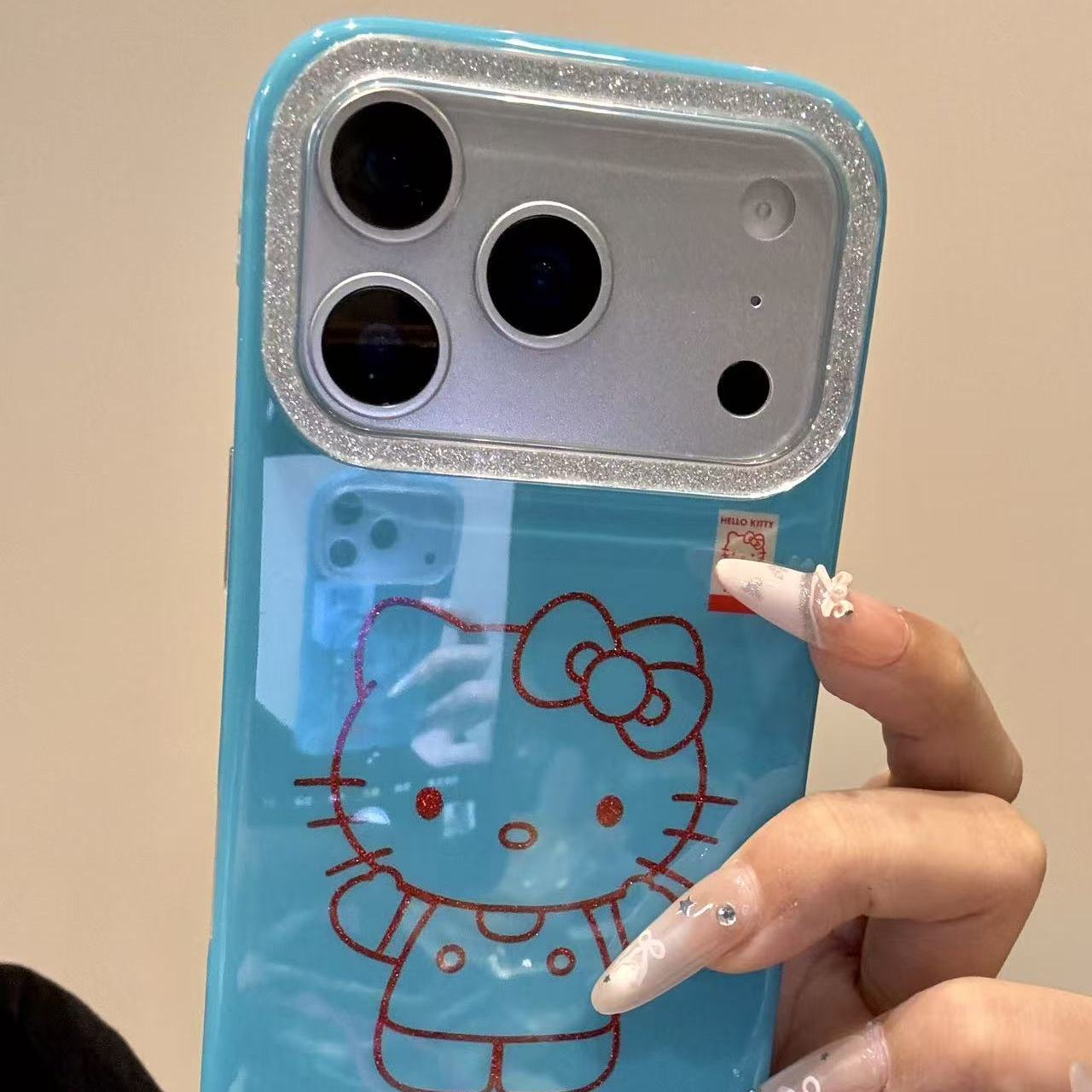 小众ins闪粉蓝底线条猫咪适用ihone17promax苹果16手机壳15新款14