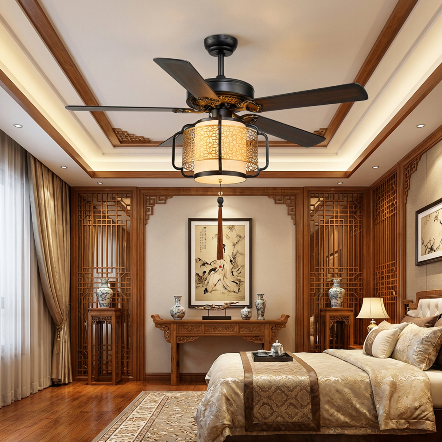 新中式风扇灯2025新款中古风吊扇灯客厅餐厅大风力复古灯笼电扇灯