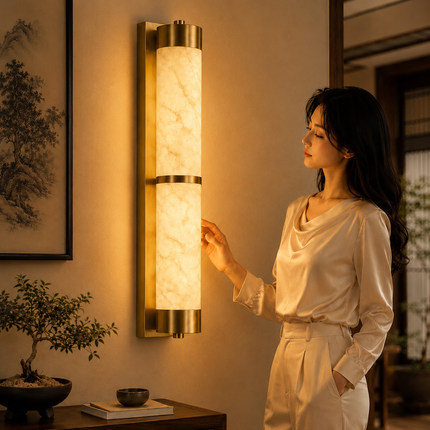 天然云石全铜长条壁灯卧室床头玄关过道餐厅灯轻奢中古风背景墙灯