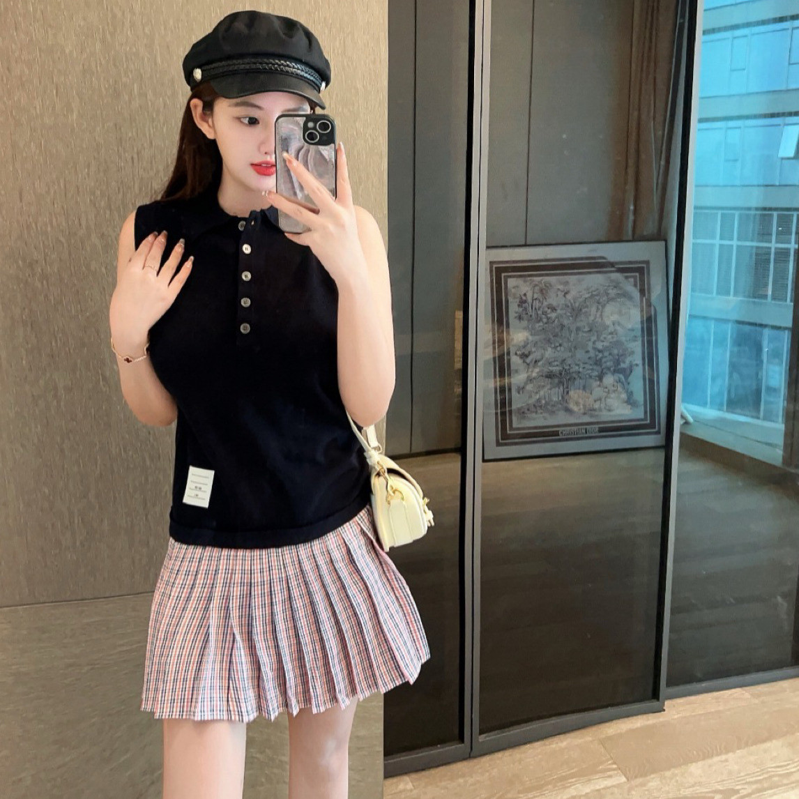 夏季新款tb学院风背心百搭格纹针织休闲连衣裙无袖polo领高级感女