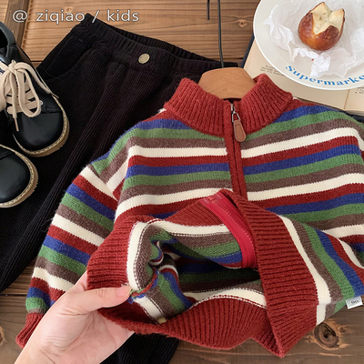中小童时髦条纹拉链毛衣针织衫男