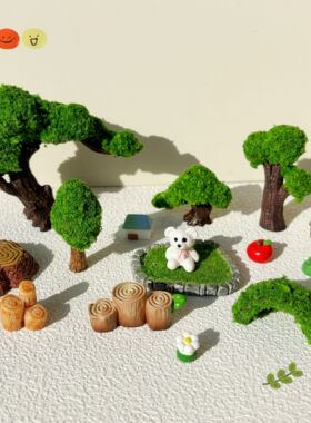 微景观仿真绿树花朵苔藓diy树桩园艺造景奶油胶桌面摆台装饰配件