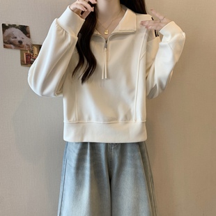 半拉链卫衣外套微胖mm显瘦上衣 大码 女2025春季 新款 正肩polo领短款