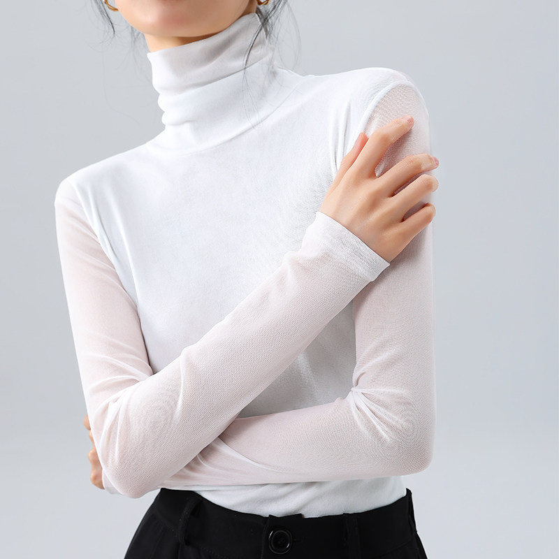 白色薄款打底衫女高领长袖内搭气质百搭高级感网纱上衣女秋季新款