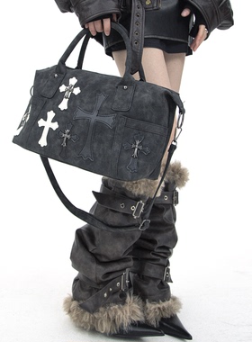 WCH复古烟灰色麂皮朋克废土风十字架铆钉潮流手提包单肩包斜挎包