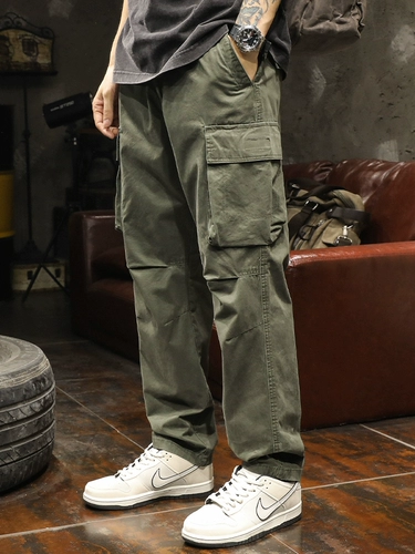 Зеленые осенние штаны, элитные повседневные брюки, свободный прямой крой, оверсайз