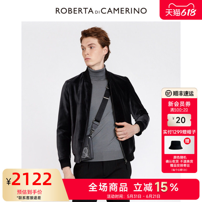 [兔毛皮内胆]ROBERTA诺贝达男装男士皮衣冬季棒球领丝绒夹克