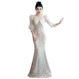 高定晚礼服女宴会高档长袖轻婚纱修身鱼尾高端大气年会拖尾连衣裙