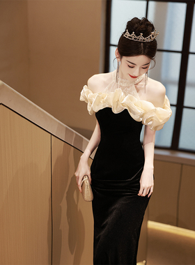 宴会气质晚礼服裙女年会黑色鱼尾裙法式高端轻奢一字肩主持人高级