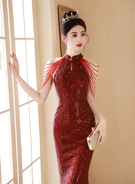 肩流苏晚礼服裙女宴会高端轻奢鱼尾红色亮片新娘结婚敬酒服高级感
