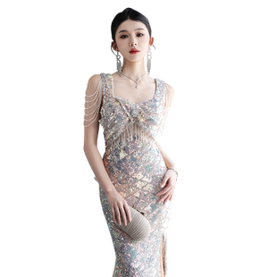 流苏晚礼服女2026新款高定宴会气质高级感高端轻奢鱼尾亮片连衣裙