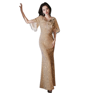 高档年会晚礼服女宴会高端大气上档次金色亮片鱼尾参加晚会连衣裙