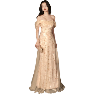 高贵的晚礼服女秋冬奢华大牌宴会高级感艺考高定一字肩年会连衣裙