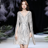 生日宴会连衣裙 洋装 小晚礼服女气质名媛高端轻奢亮片银色短款 法式