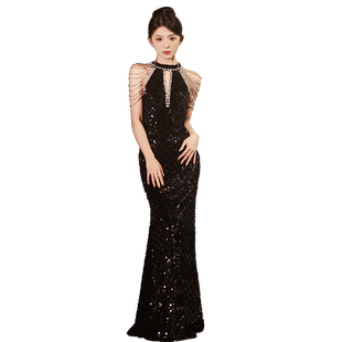 黑色晚礼服女宴会高贵优雅性感挂脖轻奢小众修身鱼尾高档年会长裙