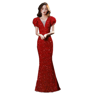 红色晚礼服女2025新款高贵气质亮片宴会性感鱼尾新娘敬酒服高级感