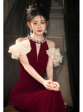 法式敬酒服新娘结婚订婚晚礼服裙女宴会挂脖气质鱼尾裙高级感轻奢