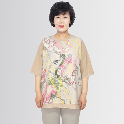 中老年宽松圆领七分袖雪纺衫2025夏季新款韩国代购妈妈印花T恤女