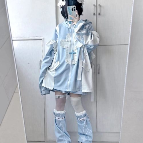 日系猫耳连帽亚文化水色系统十字星宽松外套女款春