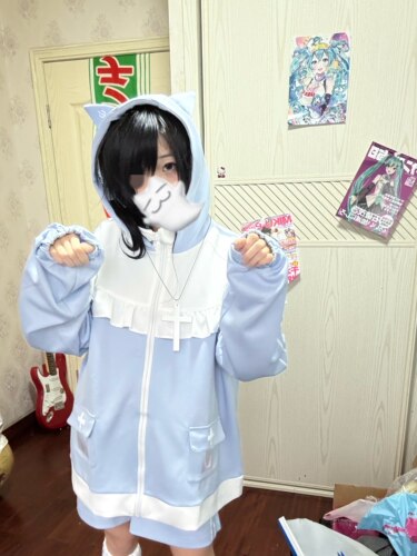 新款原创日系亚文化水色系统可拆袖甜美可爱狐耳连帽外套