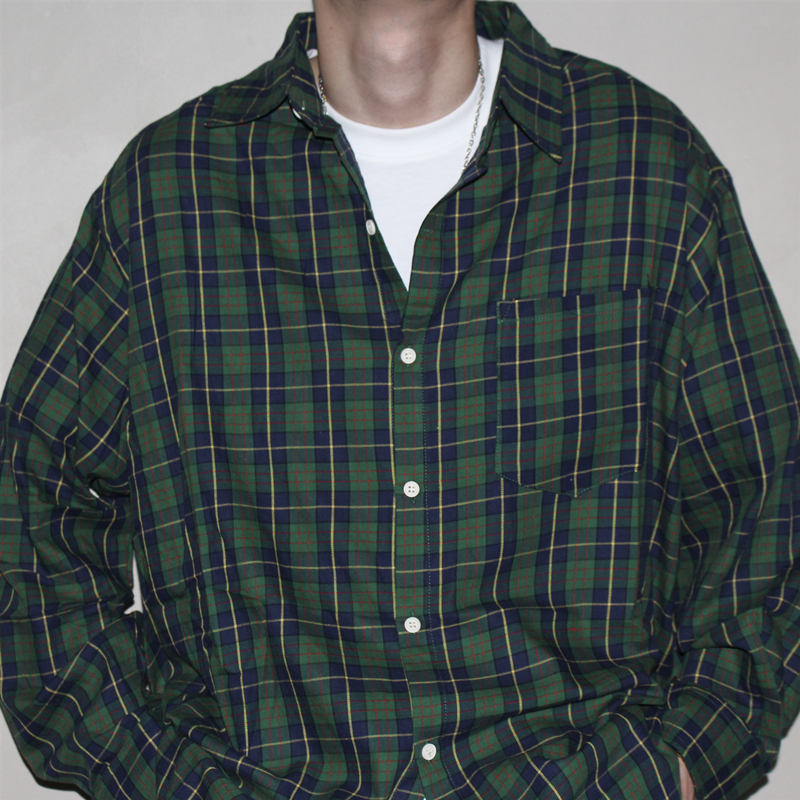 日系撞色拼接休闲长袖格子衬衫