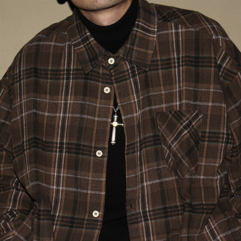 复古休闲格子撞色毛呢衬衫衬衣潮