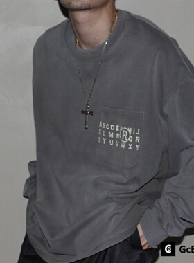 GcBrand Lab Tee AW25 美式复古重磅水洗做旧印花口袋字母长袖T恤