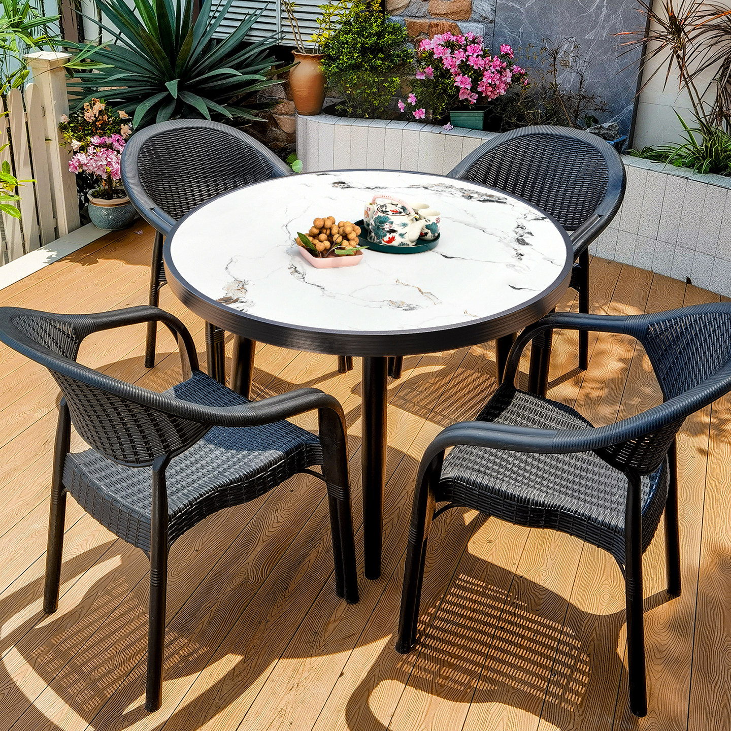 莫家户外桌椅庭院花园外摆休闲岩板圆桌餐桌椅露天椅室外桌椅套件