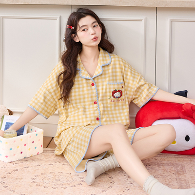 新款夏季棉质短袖睡衣女格子翻领开衫凯蒂猫甜美家居服套装可外穿
