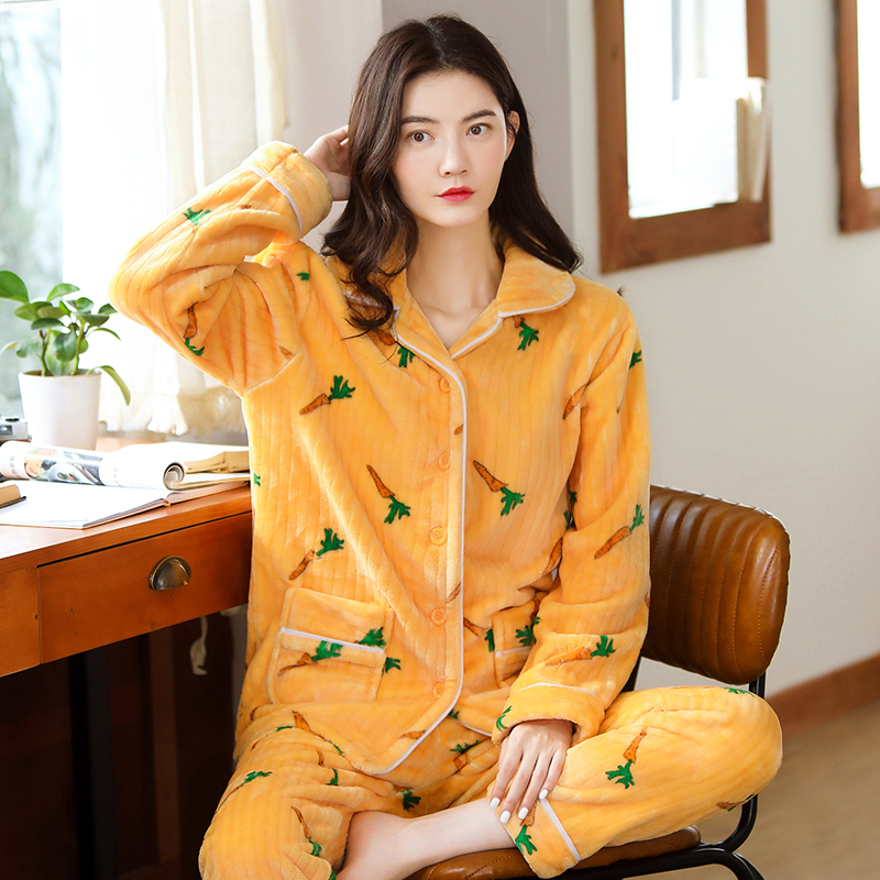 珊瑚绒女士秋冬季保暖加厚睡衣开衫甜美可爱少女法兰绒家居服套装