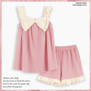 睡衣女夏季 全棉家居服套装 纯棉吊带短裤 洋气网红甜美无袖 薄款 新款