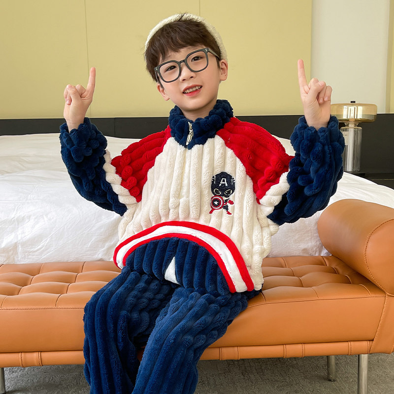 秋冬季男童珊瑚绒拉链睡衣加厚保暖美国队长卡通法兰绒家居服套装