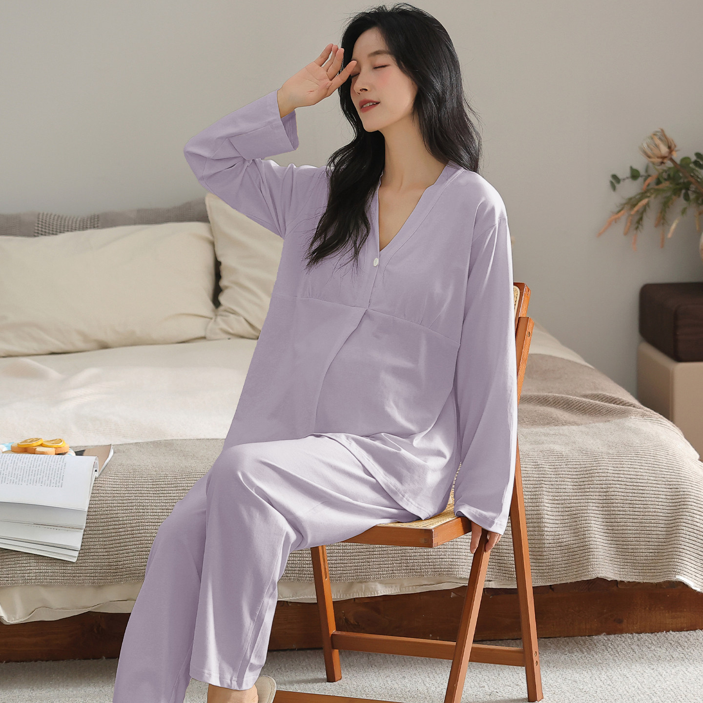 带胸垫月子服女V领长袖时尚产后哺乳睡衣春秋款孕中期家居服套装