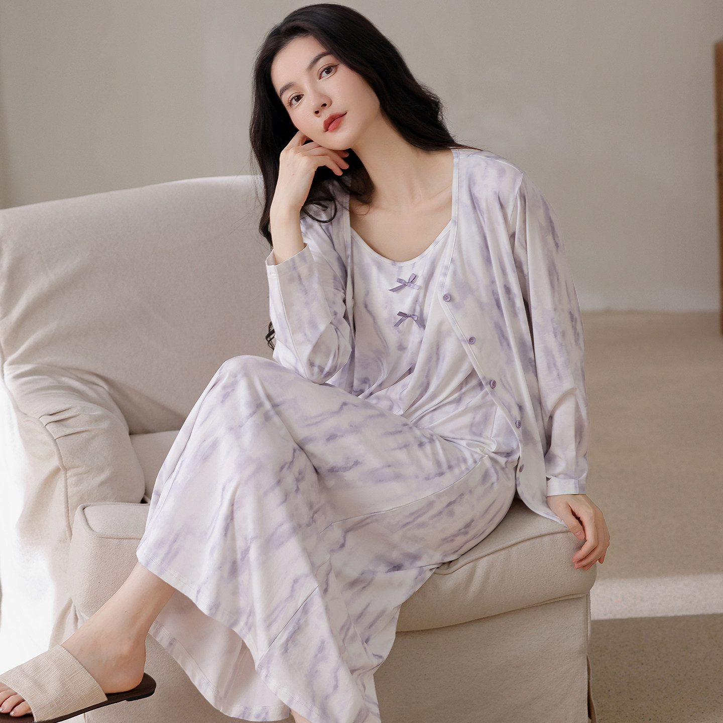 春秋季高级感纯棉吊带中长款睡裙女士长袖开衫全棉新款家居服套装
