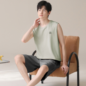 男士夏季纯棉薄款无袖背心短裤睡衣简约可外穿全棉青年家居服套装