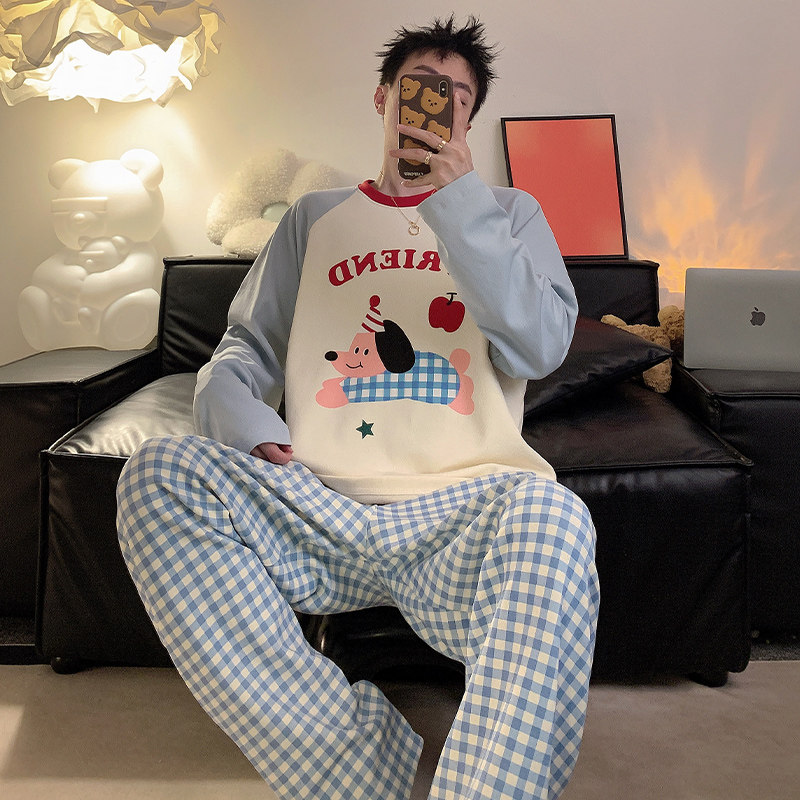 春秋季纯棉长袖套头睡衣两件套卡通宽松男士时尚可外穿家居服套装