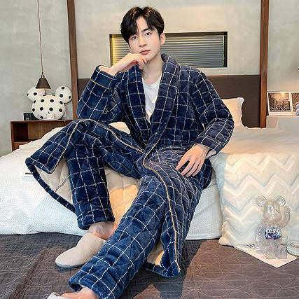 冬季男士长款睡袍套装珊瑚绒三层夹棉家居服加厚浴袍加绒保暖睡衣