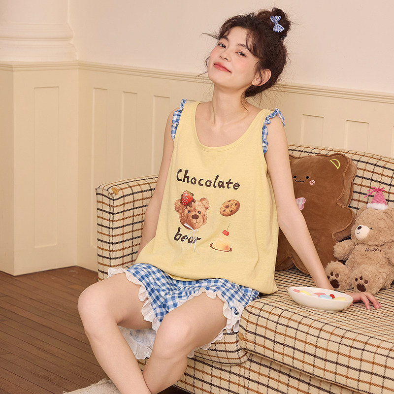 纯棉夏季带胸垫背心睡衣女士可爱小熊可外穿无袖全棉家居服两件套