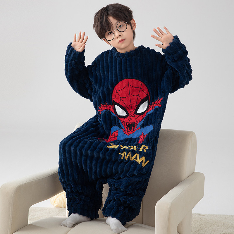 男童蜘蛛侠珊瑚绒连体睡衣秋冬易脱加厚保暖可爱卡通法兰绒家居服