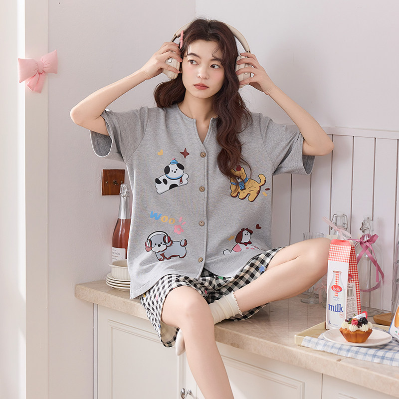 新款夏季女士开衫睡衣短袖短裤开衫纯棉家居服套装可爱卡通可外穿