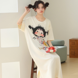睡衣女夏季纯棉短袖长款睡裙带胸垫一体式时尚卡通外穿全棉家居服