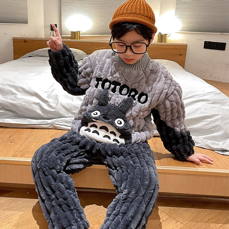 冬季男童珊瑚绒三层夹棉睡衣套装连帽龙猫加厚青少年保暖家居服