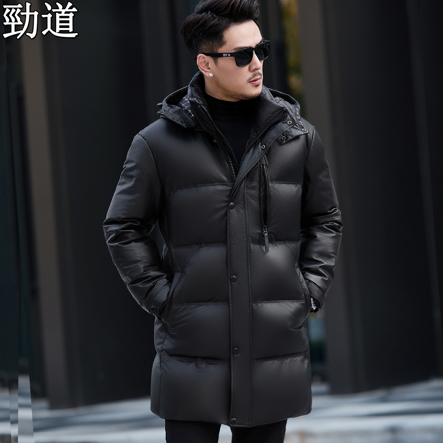 连帽鹅绒真皮皮衣男士中长款外套