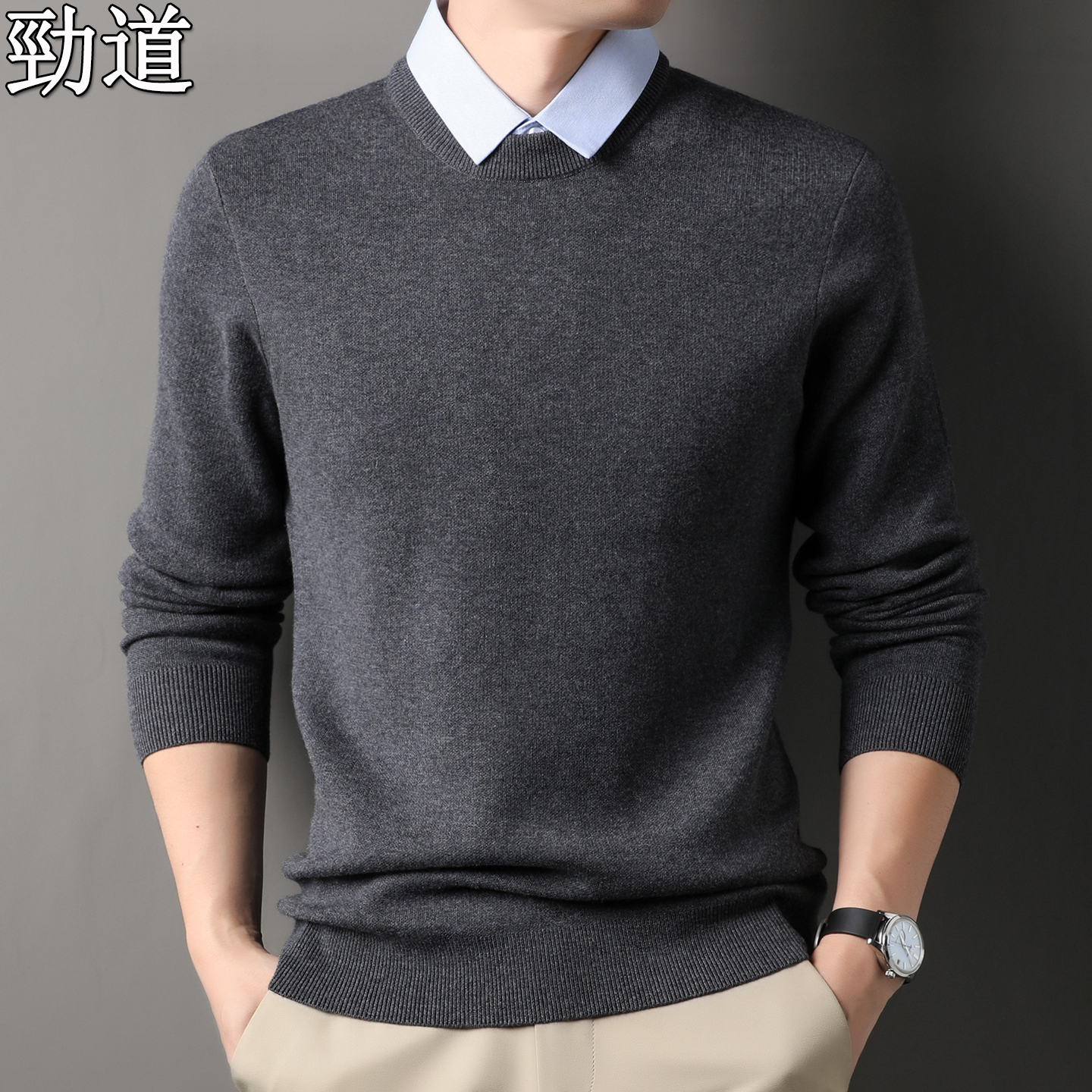 冬季男士加厚衬衫领假两件毛衣潮