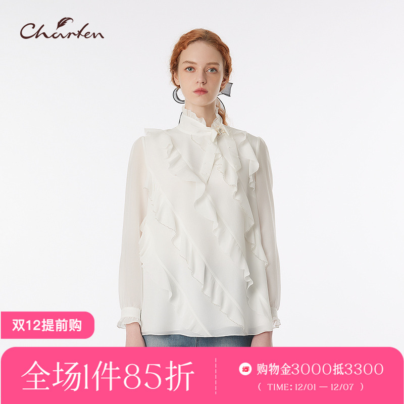 复古荷叶边白色衬衫长袖立领
