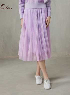 CHARFEN甜美淑女风压褶网纱半身裙女高腰紫色纱裙CFF1B323-3023E