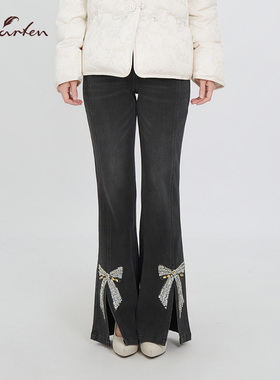 CHARFEN美式复古黑色喇叭开叉水钻蝴蝶结牛仔裤女CFF3C580-5080P